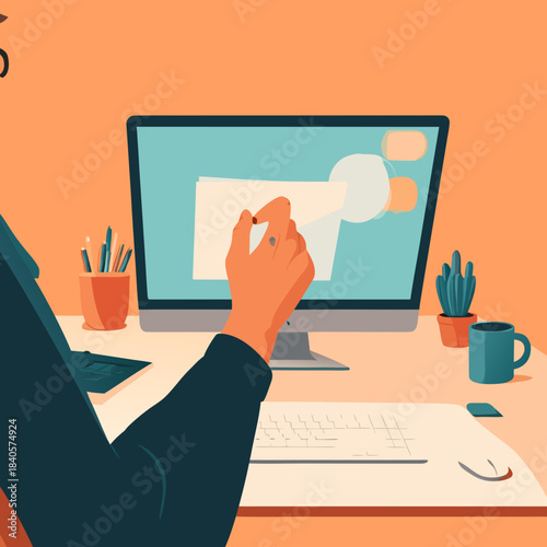 Person Designing on Computer Screen with Stylus.