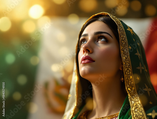 Beautiful Woman Representing Our Lady of Guadalupe, Looking Up to Heaven