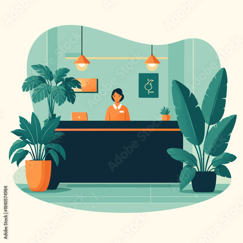 Receptionist at a modern office reception desk with plants.