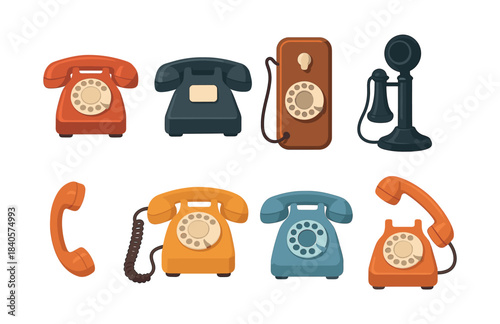 Retro telephones collection, communication devices, flat vector illustration