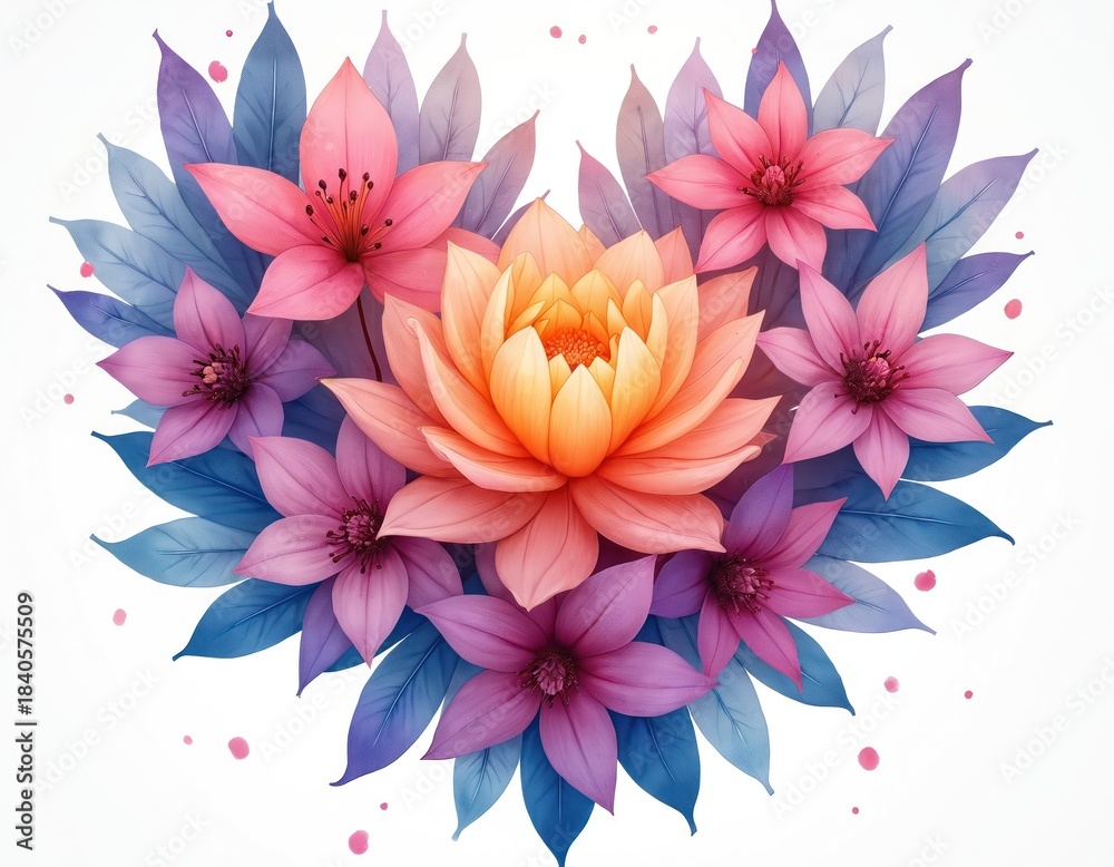 Obraz premium Arrangement of vibrant flowers and leaves forming a heart shape. Delicate petals in pink, purple, and orange hues surround a central bloom. Blue foliage adds contrast. Perfect for love-themed designs.
