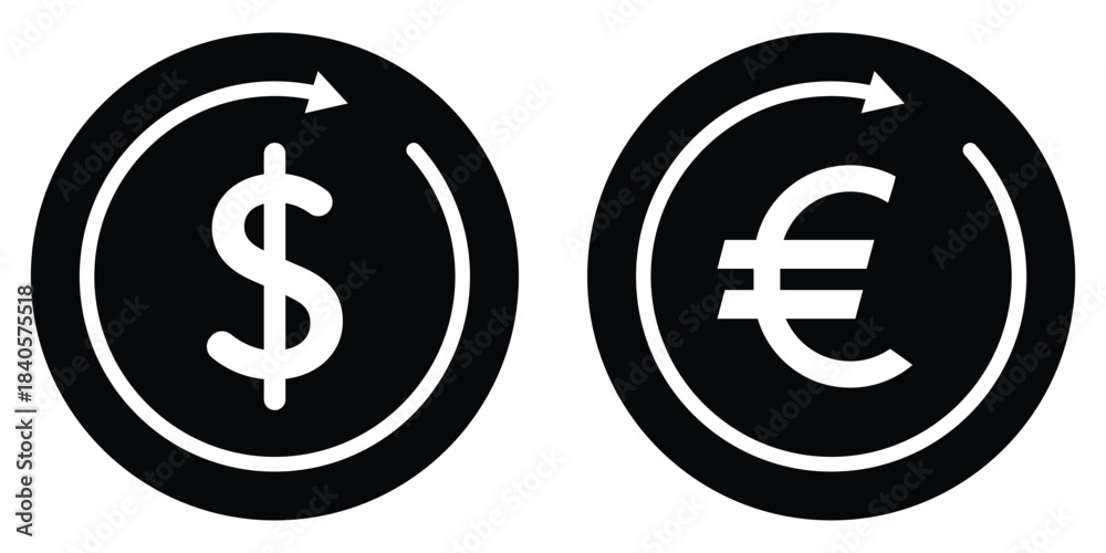 Obraz premium Collection of most popular currency symbol. Currency signs: dollar, yen, ruble, rupee, yuan, pound, franc and euro. Simple design of the most popular currency. Banknotes. Money and currency exchange. 