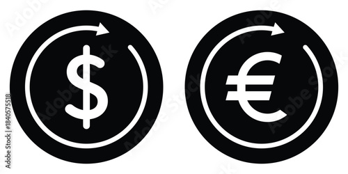 Collection of most popular currency symbol. Currency signs: dollar, yen, ruble, rupee, yuan, pound, franc and euro. Simple design of the most popular currency. Banknotes. Money and currency exchange. 