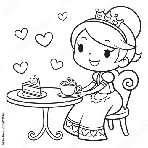 Kawaii Princess Tea Party coloring page for kids