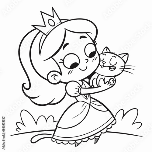 Kawaii Princess with Cat Friend coloring page for kids