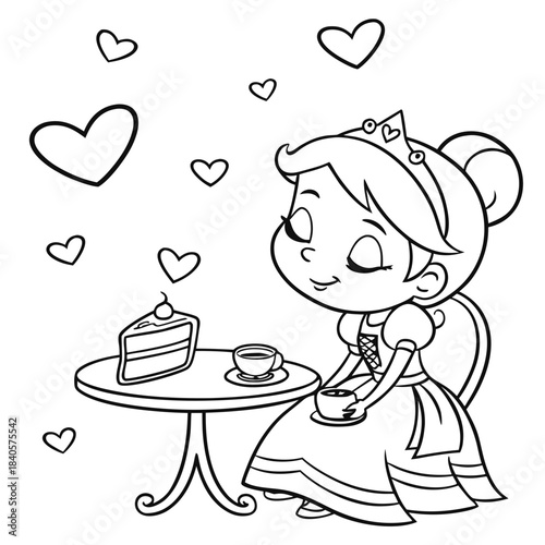 Kawaii Princess Tea Party coloring page for kids