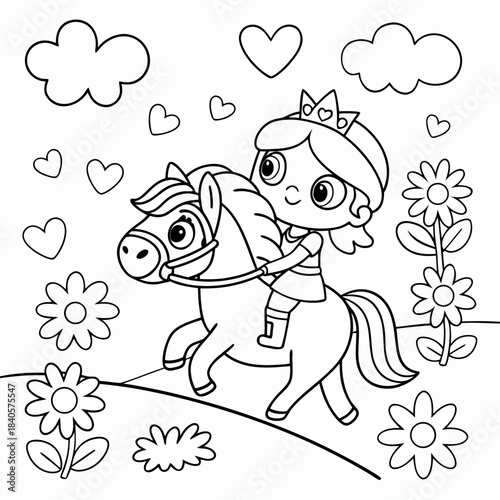 Kawaii Princess Riding a Pony coloring page for kids