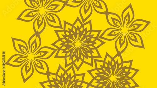 draw set of golden flower decorate with triangle in round shape on yellow screen background

