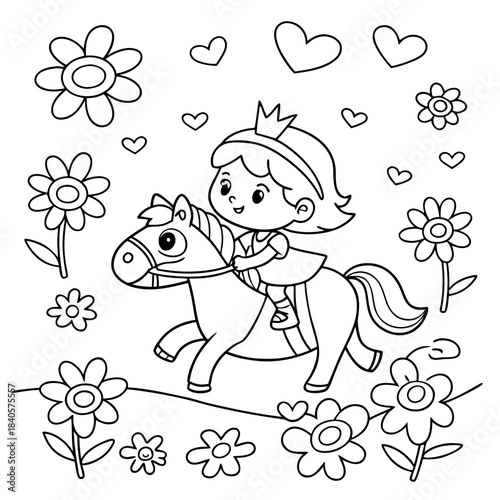 Kawaii Princess Riding a Pony coloring page for kids