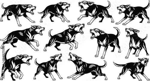Aggressive barking dog silhouettes in multiple attack poses, angry canine illustration set, roaring dogs showing teeth, dynamic threatening animal actions, isolated black artwork