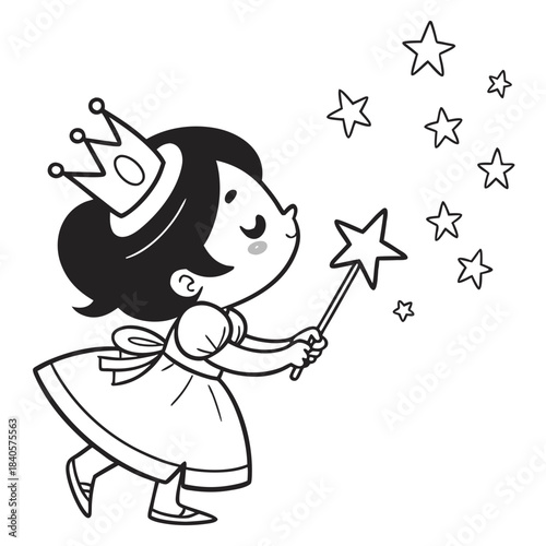 Kawaii Princess Holding a Star Wand coloring page for kids