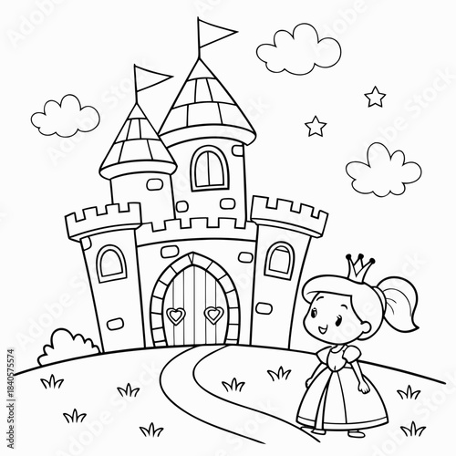 Kawaii Princess in a Heart Castle coloring page for kids