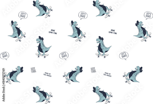 Cute Dinosaur Riding Skateboard Seamless Pattern. Vector Illustration