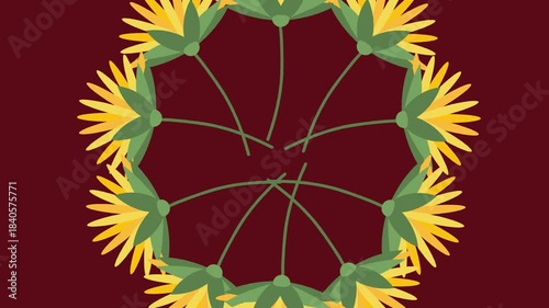 draw set of yellow flower decorate with sunflower in round shape on maroon screen background
