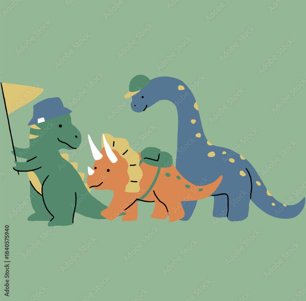 Fototapeta premium Three Friendly Dinosaurs Hiking Adventure Scene. Vector Illustration