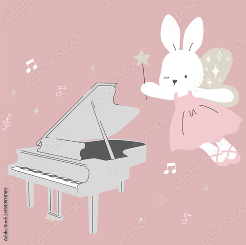 Magical Bunny Ballerina Playing Grand Piano, Vector Illustration