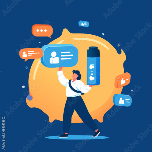 Woman Navigating Social Media Landscape with Profile and Communication Icons.