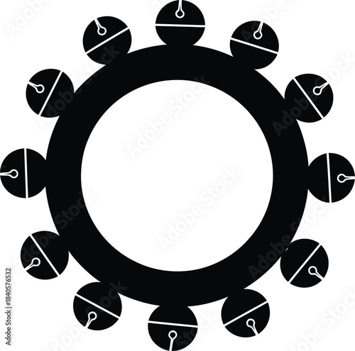 Black silhouette icon of a circular tambourine with multiple bells arranged around its rim on a white background
