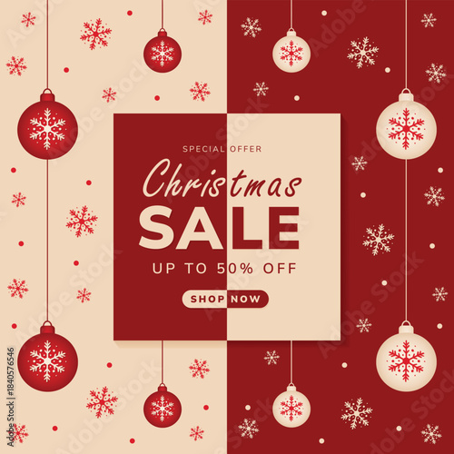 Christmas sale banner discount offer winter promotion up to fifty percent off shop now.
