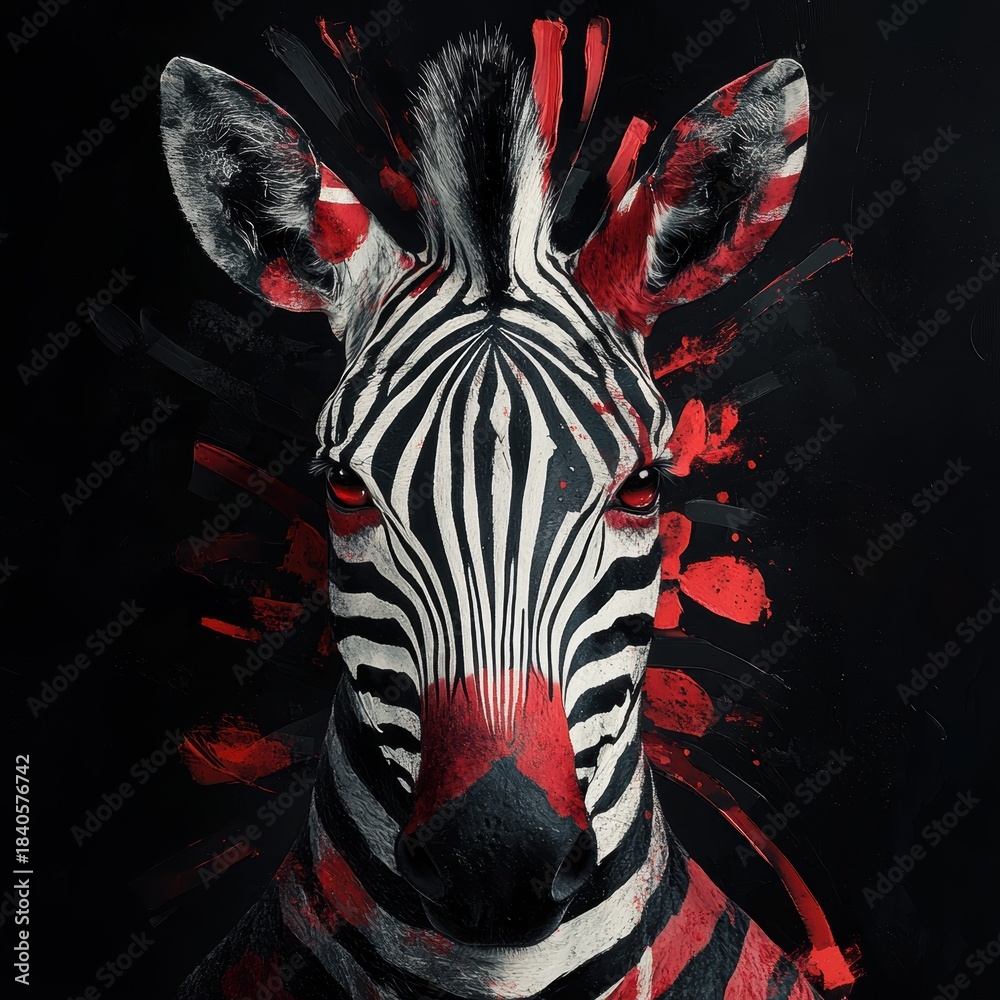 Naklejka premium Zebra head with bold black stripes and red paint splashes. AI-generated.