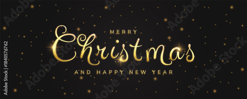 Merry Christmas Happy New Year gold calligraphy black background elegant luxury festive.