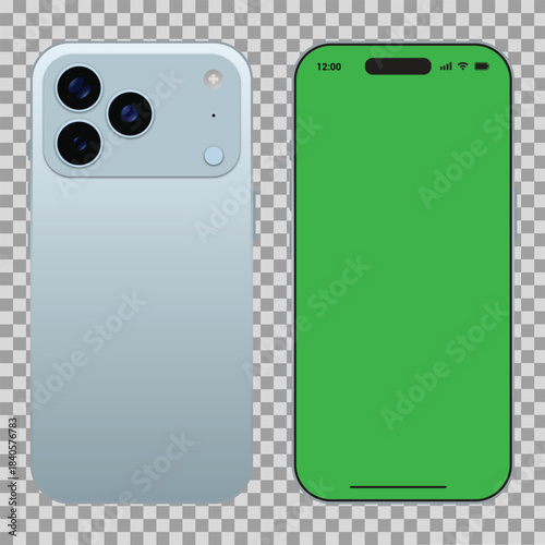 Back and front view of modern smartphone with triple camera system, mockup with green screen display for content replacement, isolated on transparent background