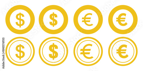 Collection of most popular currency symbol. Currency signs: dollar, yen, ruble, rupee, yuan, pound, franc and euro. Simple design of the most popular currency. Banknotes. Money and currency exchange. 