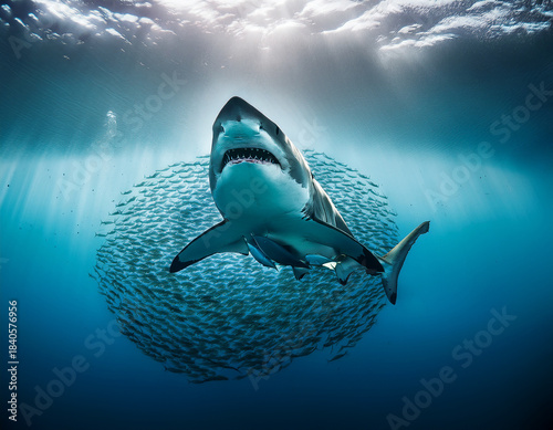 Shark Swimming Dominantly Near Fish School in Sunlit Ocean Waters