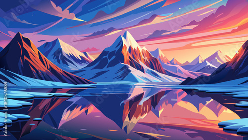 Very beautiful arctic landscape with snowy mountains mirrored on a calm lake, glowing under colorful sky tones during sunrise, capturing serene northern winter beauty.