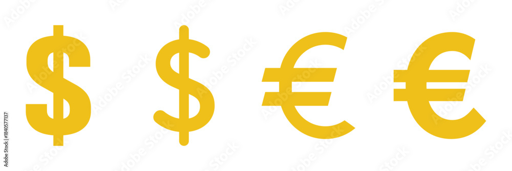 Obraz premium Set of euro and dollar currency icon symbol. Popular international currency sign. Dollar & Euro money coins icon signs. Money icon set. Dollar and Euro symbol. Minimalist Financial Symbols. 