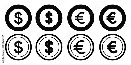 Dollar and Euro Currency Icon Set – Minimalist Financial Symbols, Money Graphics, Banking and Economic Vector Illustration, Currency Signs, Financial App Icons, Economic Infographics, Clean Vector. 