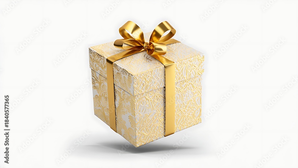 Obraz premium Elegant white and gold patterned gift box with ribbon on white background