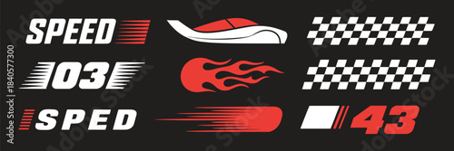 racing cars and stripe vector set with checkered flags, motocross labels, speed lines, motorsport graphics, race decals, and tuning stickers, ideal for automotive design, racing-themed projects, 