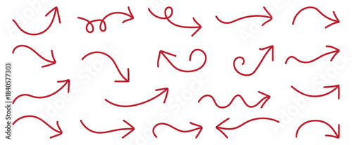 Collection hand drawn arrows. Hand-drawn navy blue arrows collection. Set of simple lines hand drawn red arrows in various style. Direction signpost gradient arrows web logo. Various bold brush.
