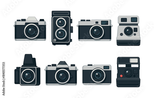Vintage cameras collection, flat vector illustration, retro, film, classic designs