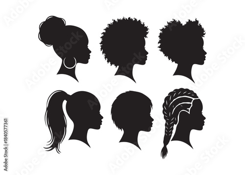A collection of female silhouette outlines featuring a variety of hairstyles


