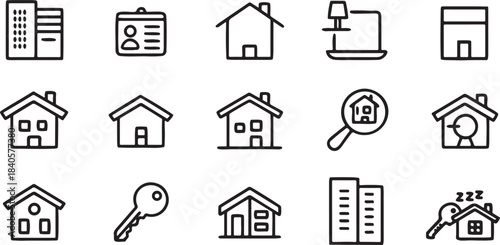Set of minimalist real estate and housing icons simple flat vector design elements for property apps and web interfaces isolated on white background