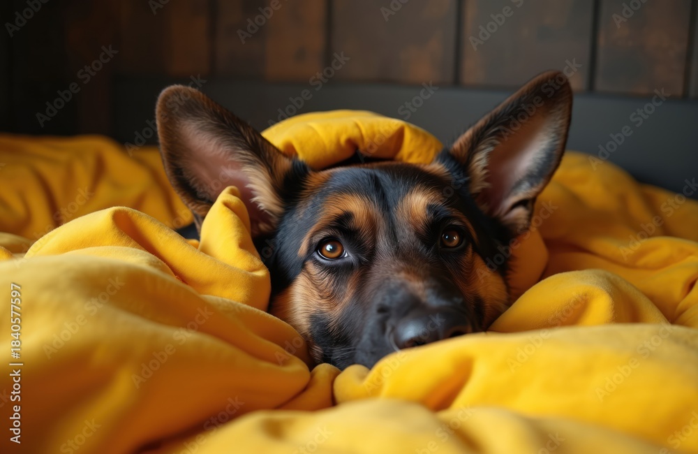 Obraz premium German Shepherd dog lies cozy in bed. Head peeks from soft warm yellow blanket. Pet looks sleepy, comfortable, cute. Loyal companion rests in modern home bedroom enjoying morning comfort, relaxation