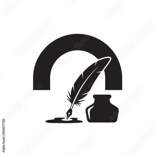 Quill pen and inkwell with rainbow symbol for writing and creativity, minimalist vector icon