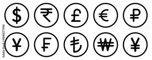 Currency symbols icons set with label. Dollar, Euro, Pound, Rupee, Franc, Ruble, Yen, Won black and white color vector illustration. Money icon set. Dollar and Euro symbol. showing online payment. 