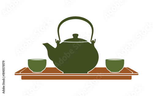 Icon of a tea ceremony. Traditional teapot accompanied by cups on a serving tray. A cultural ritual that represents relaxation and hospitality. A colored vector pictogram of tea.