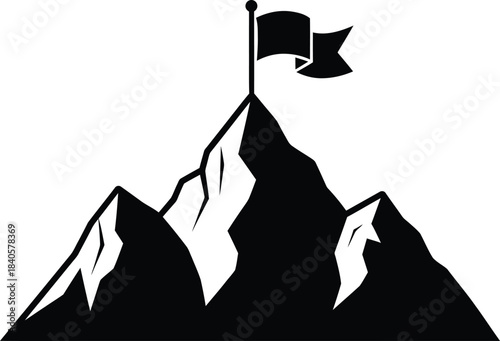 Black Silhouette of a Mountain Peak with a Waving Flag on White Background summit