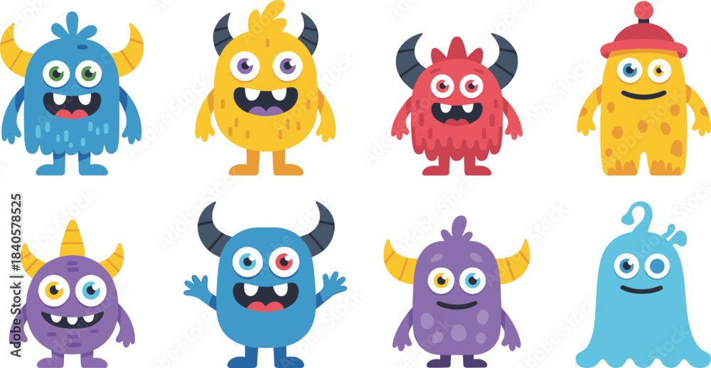 Fototapeta premium Colorful cute cartoon monster characters set with different expressions and shapes, fun illustration for kids, fantasy, playful design