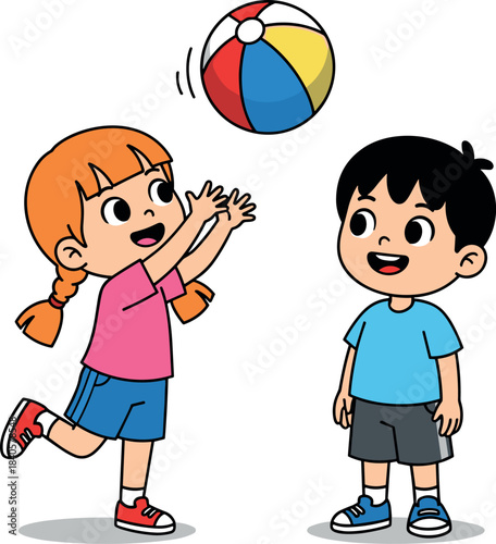 Cute cartoon girl and boy happily playing together with a colorful beach ball, vector illustration representing childhood fun, physical activity, friendship, and summer games on white.