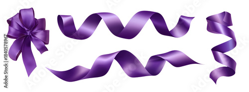 Elegant purple ribbons with bow transparent background graphic design creative concept