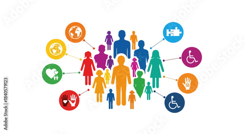 Diverse Group of People Connected by Icons Representing Community and Support.