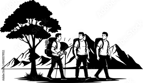 Mountain Hiking Adventure Silhouette Illustration