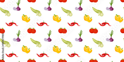 Vector seamless pattern with cartoon vegetables: zucchini with slices, tomatoes, yellow bell pepper, red chili pepper and purple onion