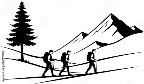 Mountain Hiking Adventure Silhouette Illustration