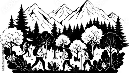 Mountain Hiking Adventure Silhouette Illustration